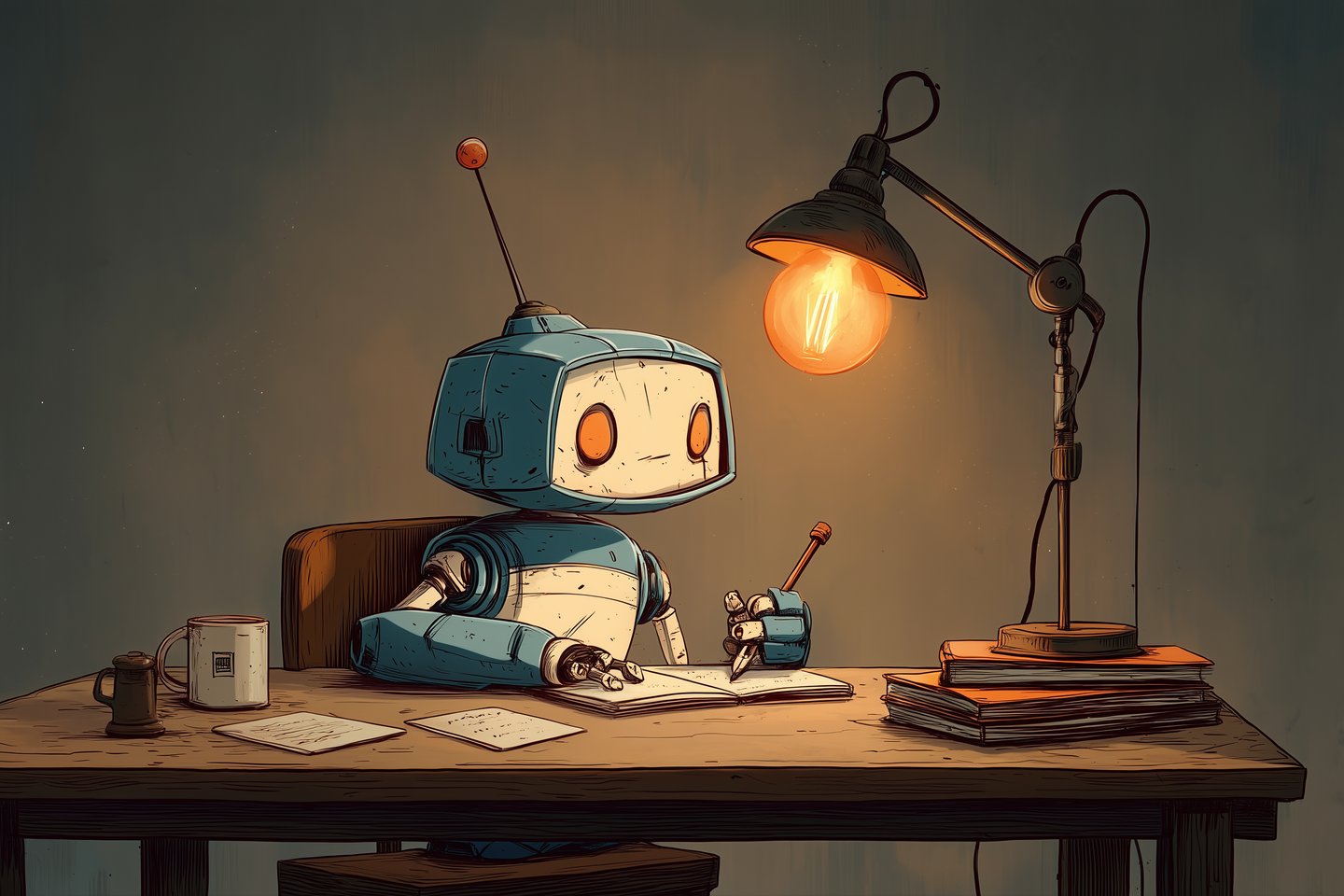 The robot at a desk under a lamp, working through notes by hand.