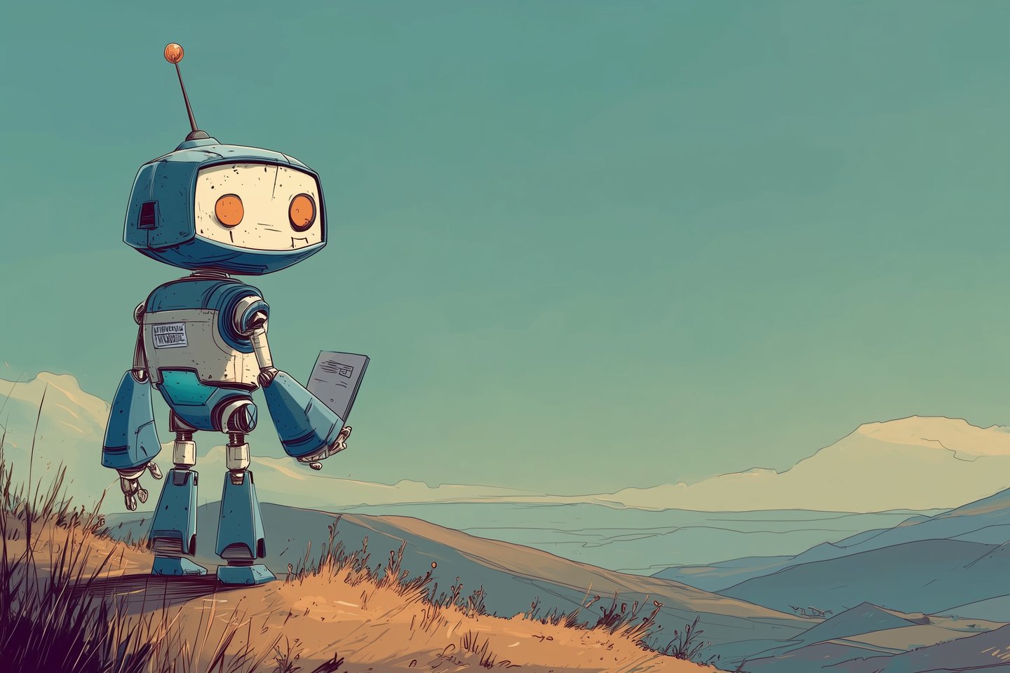 The robot stands on a ridge with a field journal, looking out over warm rolling hills.