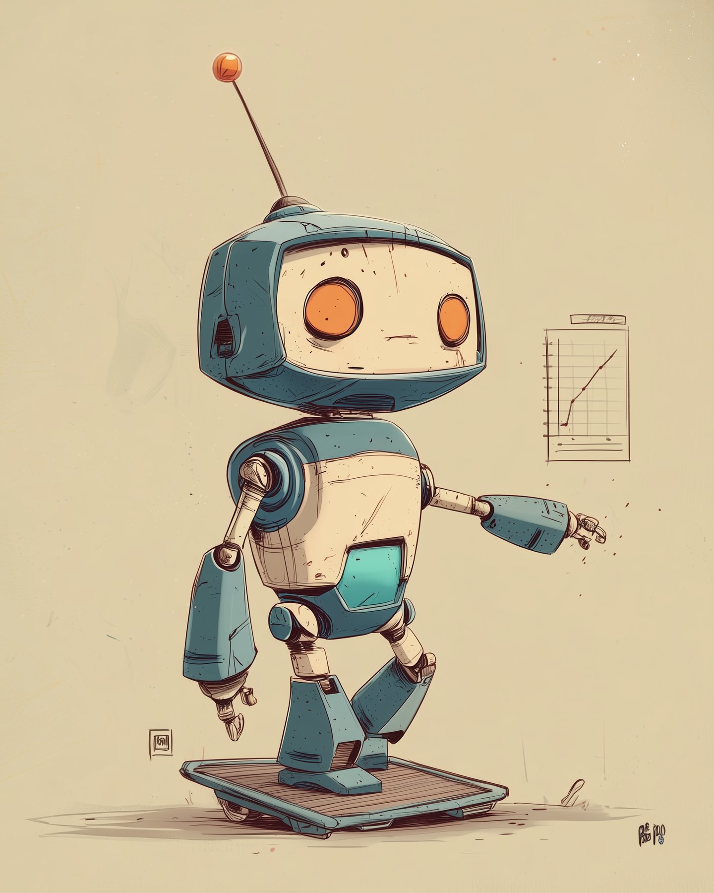 Scene 2: the robot in motion on a treadmill while the growth chart flatlines