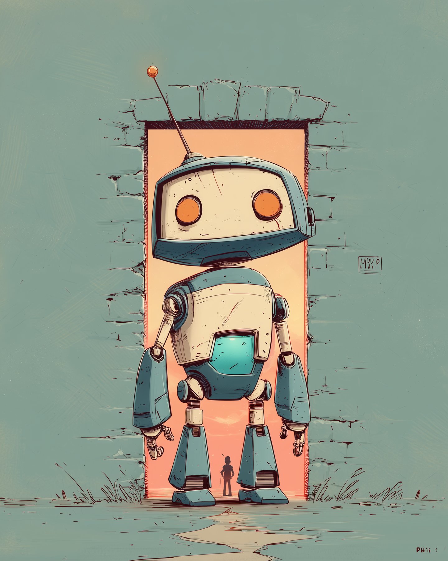 Scene 5: the robot stepping into an amber doorway opened through the wall