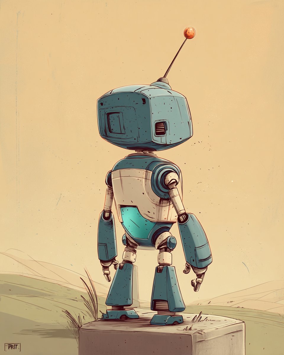 Scene 6: the robot seen from behind on a raised platform, looking out over a warm horizon