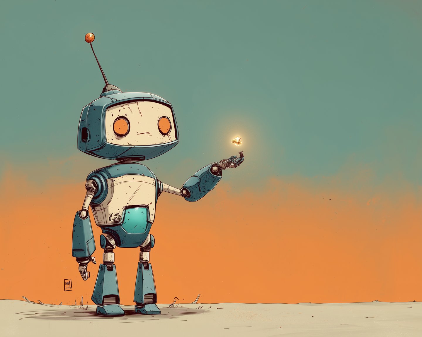 The robot holds out a glowing key — the moment of actually letting go.
