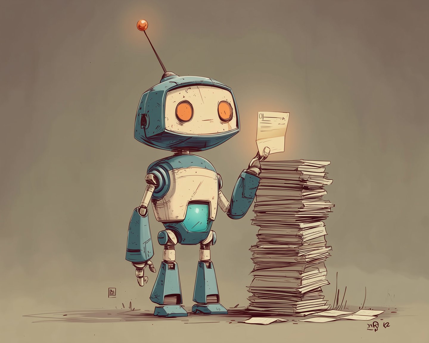 The robot turns from the stack of tickets toward one small glowing note.