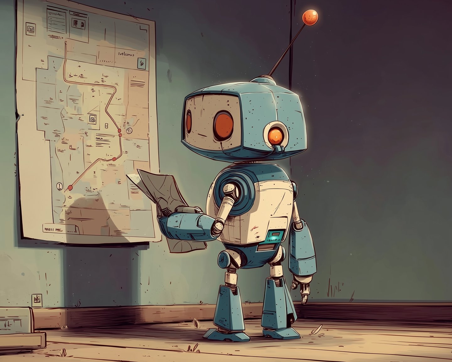 The robot studies a hand-drawn map on the wall, one route traced in teal — re-reading the route.