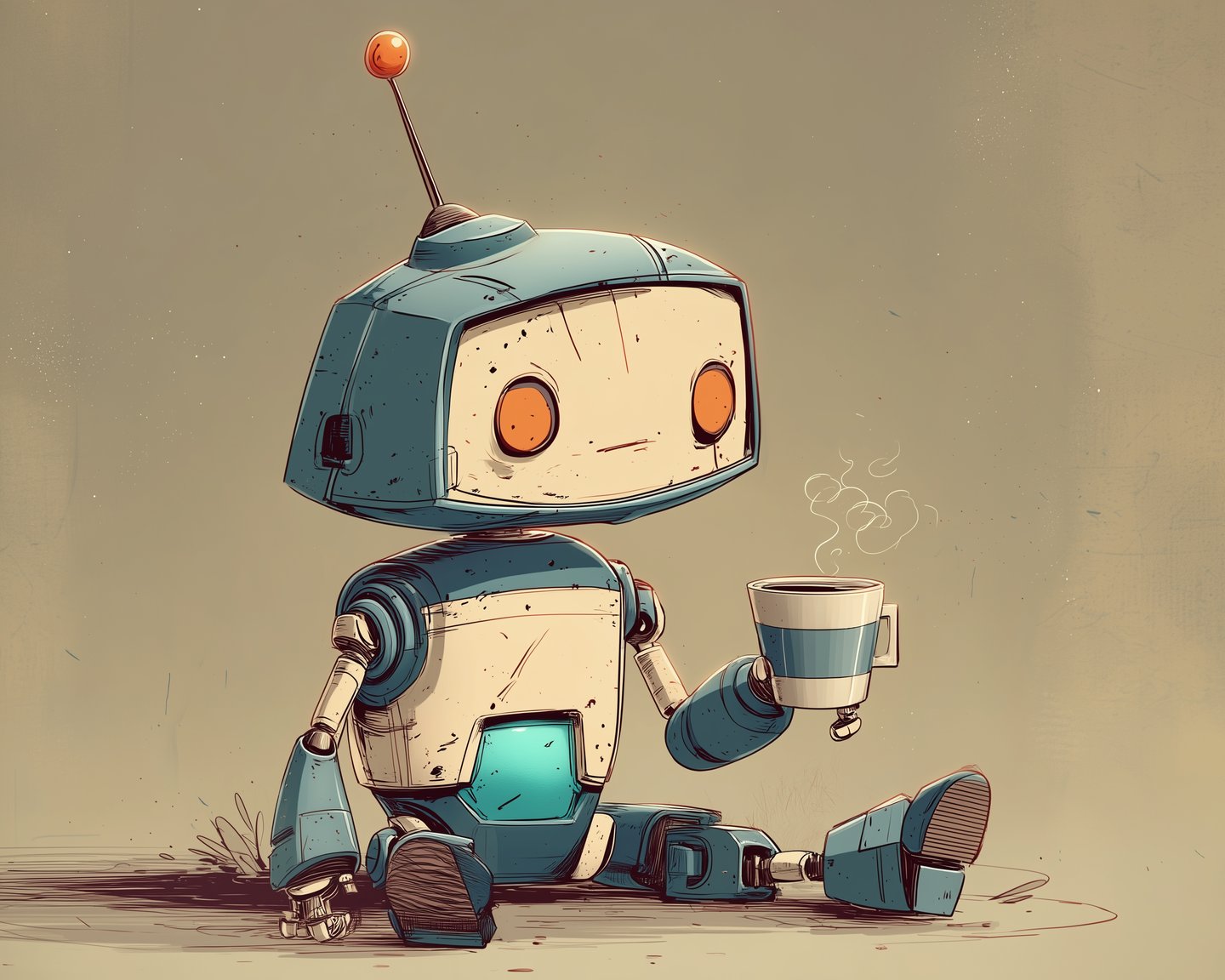 The robot sits alone amid a tangle of demands, every line still running back to it — holding the whole thing up.