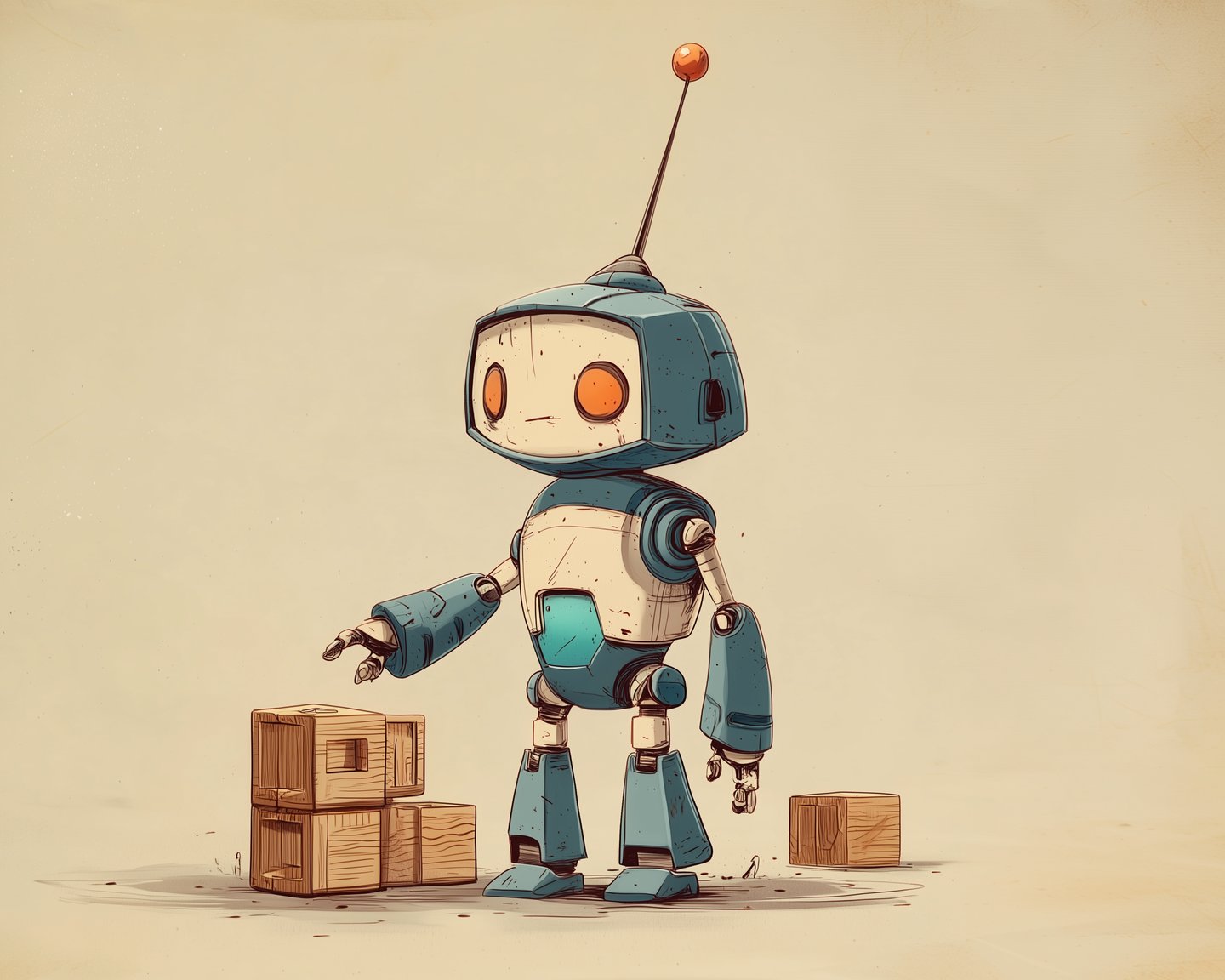 The robot carefully stacks wooden blocks into a small sturdy structure — building the engine.